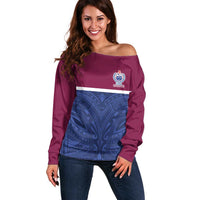 Queensland Samoa Custom Off Shoulder Sweater Maroon-Blue Pacific Polynesian Tribal Pattern