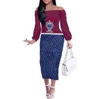 Queensland Samoa Custom Off The Shoulder Long Sleeve Dress Maroon-Blue Pacific Polynesian Tribal Pattern LT9 Women Dark Blue - Polynesian Pride