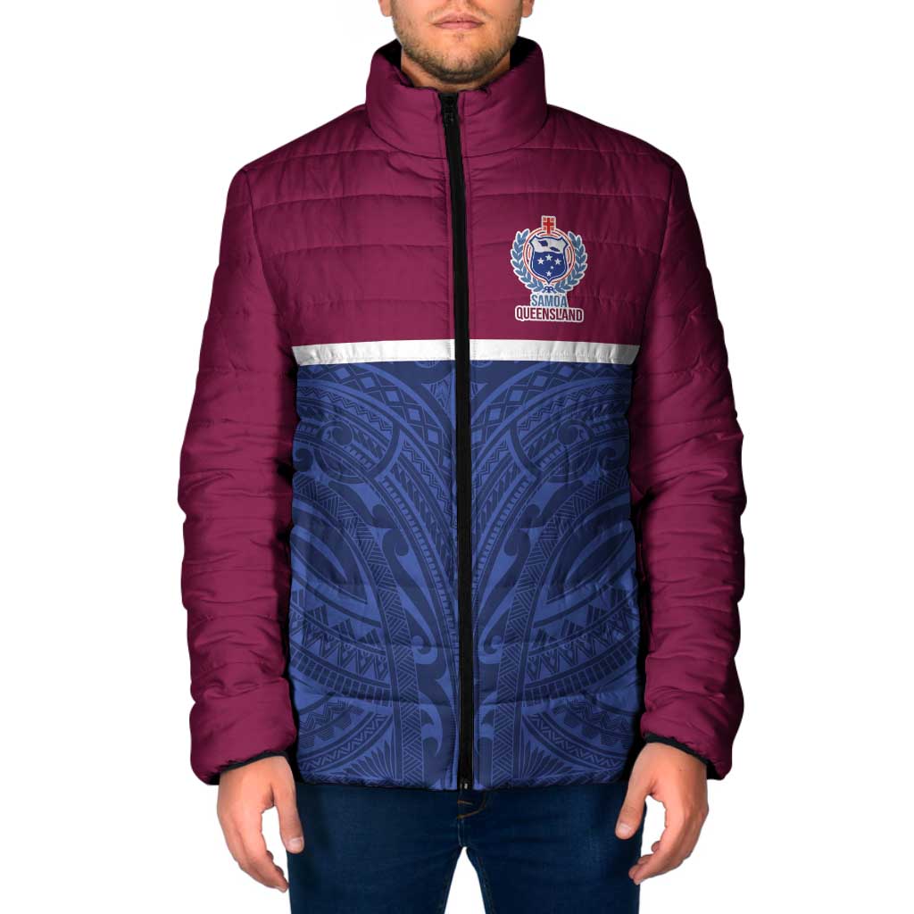 Queensland Samoa Custom Padded Jacket Maroon-Blue Pacific Polynesian Tribal Pattern - Polynesian Pride