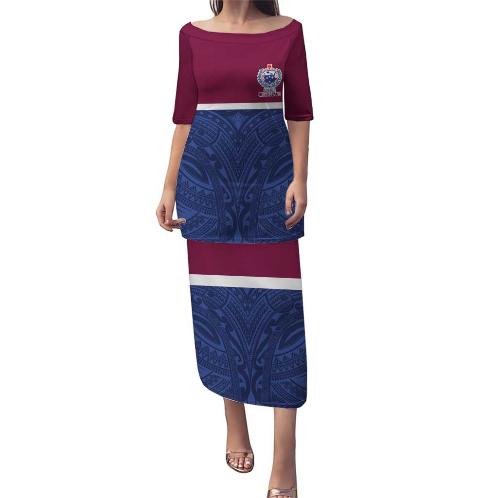 Queensland Samoa Custom Puletasi Maroon-Blue Pacific Polynesian Tribal Pattern