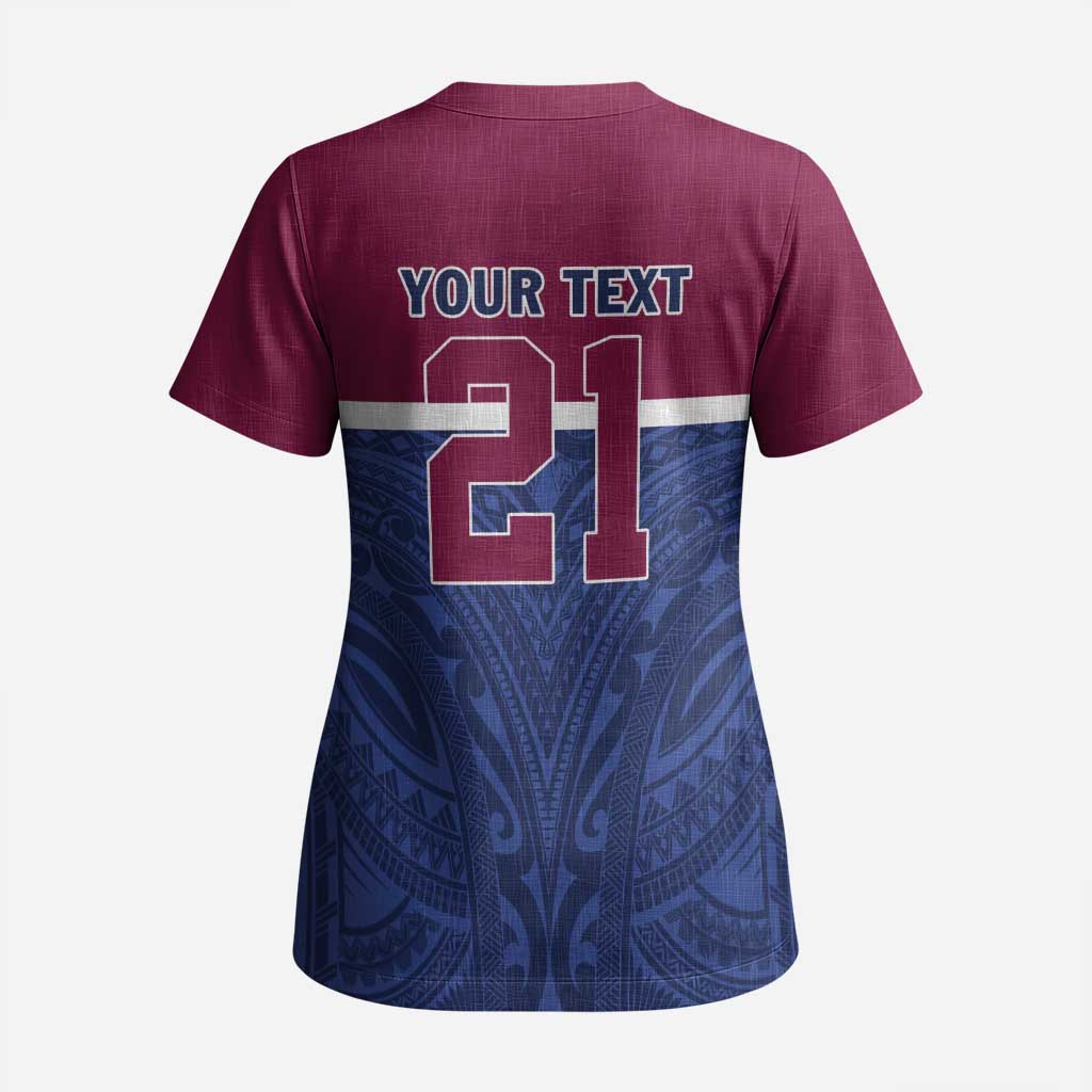 Queensland Samoa Custom Scrub Top Maroon-Blue Pacific Polynesian Tribal Pattern - Polynesian Pride