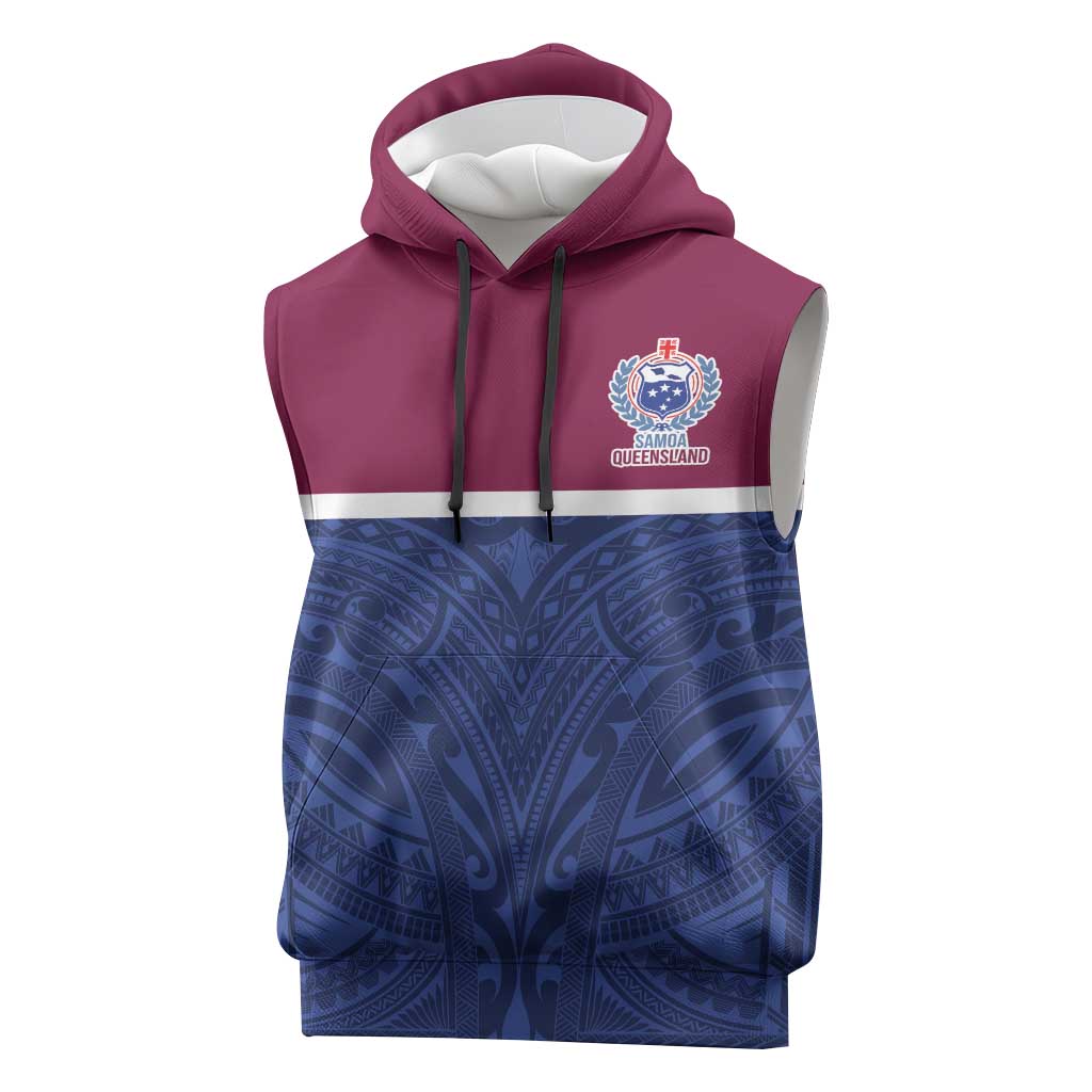 Queensland Samoa Custom Sleeveless Hoodie Maroon-Blue Pacific Polynesian Tribal Pattern - Polynesian Pride