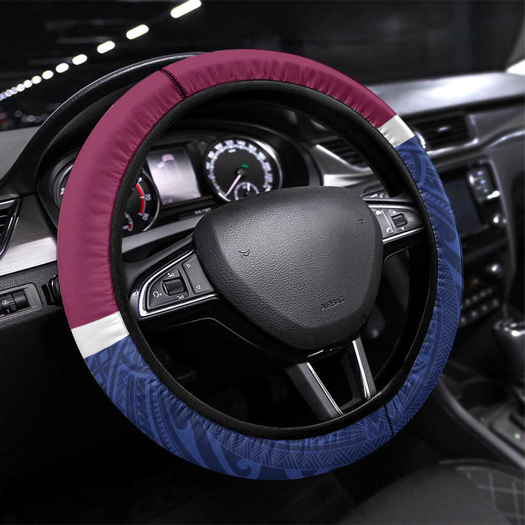Queensland Samoa Steering Wheel Cover Maroon-Blue Pacific Polynesian Tribal Pattern