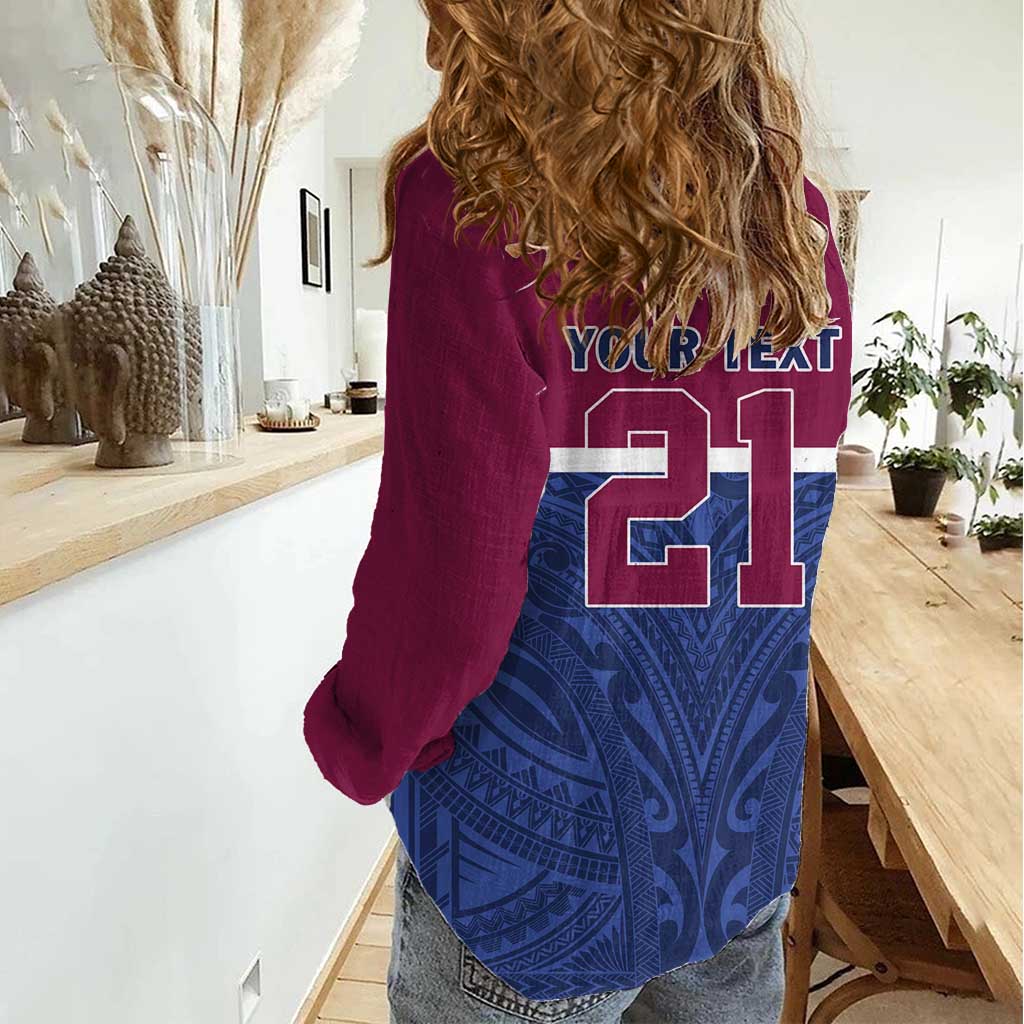 Queensland Samoa Custom Women Casual Shirt Maroon-Blue Pacific Polynesian Tribal Pattern