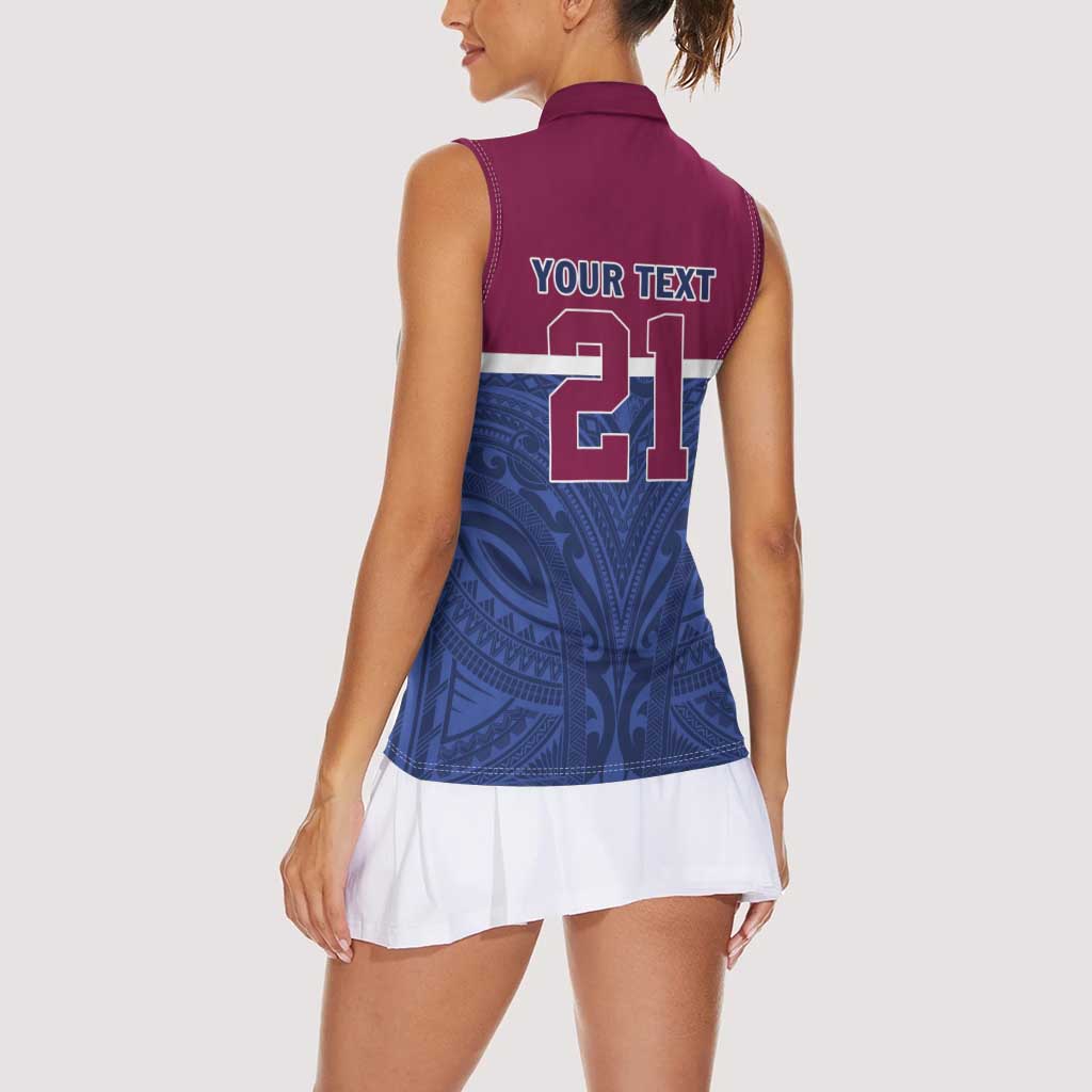 Queensland Samoa Custom Women Sleeveless Polo Shirt Maroon-Blue Pacific Polynesian Tribal Pattern