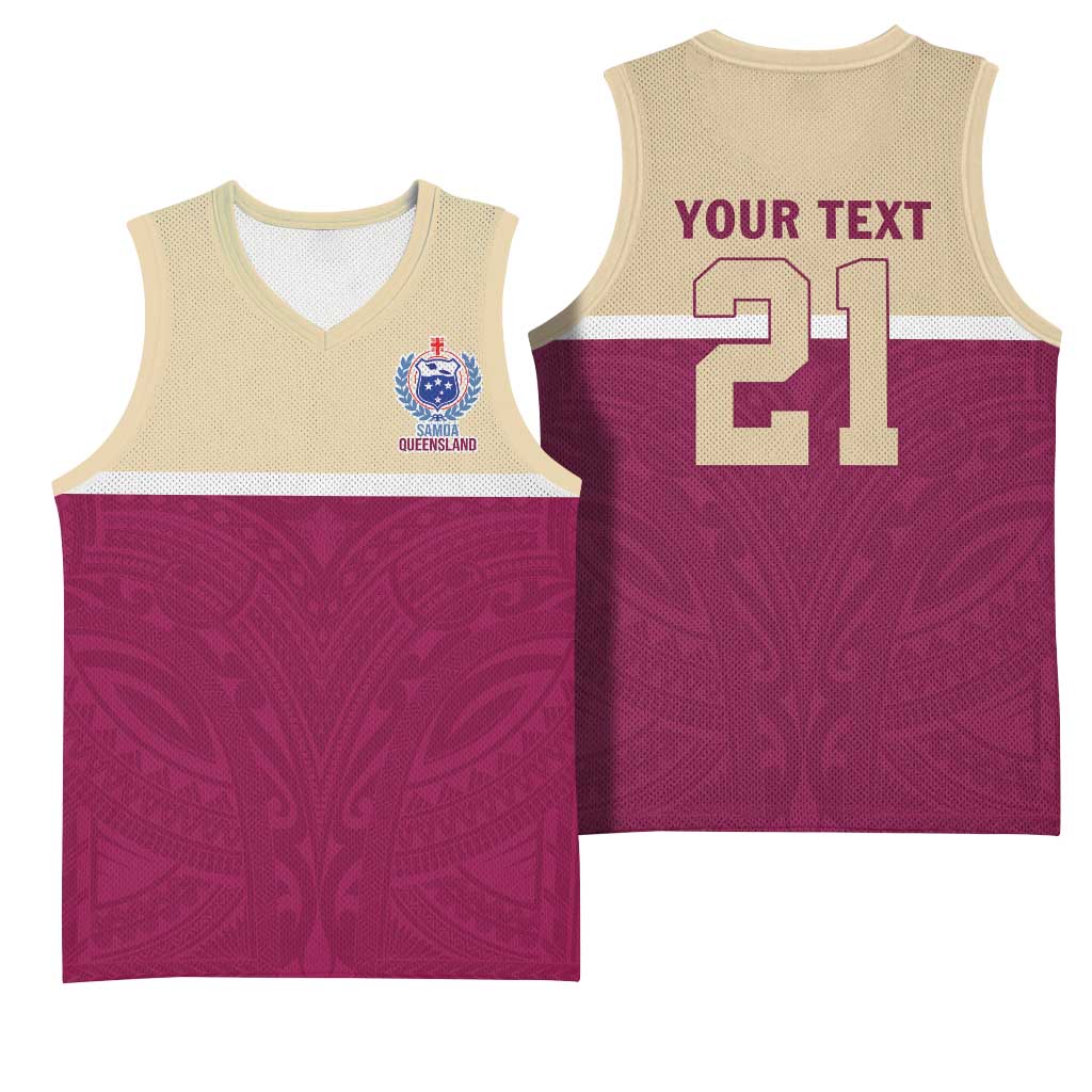 Queensland Samoa Custom Basketball Jersey Maroon Pacific Polynesian Tribal Pattern - Polynesian Pride