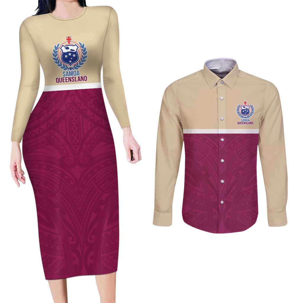 Queensland Samoa Custom Couples Matching Long Sleeve Bodycon Dress and Long Sleeve Button Shirt Maroon Pacific Polynesian Tribal Pattern LT9 Maroon - Polynesian Pride