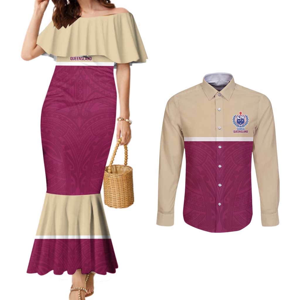 Queensland Samoa Custom Couples Matching Mermaid Dress and Long Sleeve Button Shirt Maroon Pacific Polynesian Tribal Pattern LT9 Maroon - Polynesian Pride
