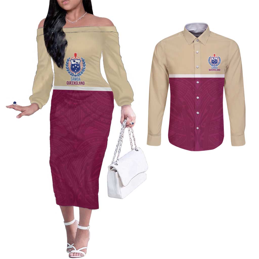 Queensland Samoa Custom Couples Matching Off The Shoulder Long Sleeve Dress and Long Sleeve Button Shirt Maroon Pacific Polynesian Tribal Pattern LT9 Maroon - Polynesian Pride