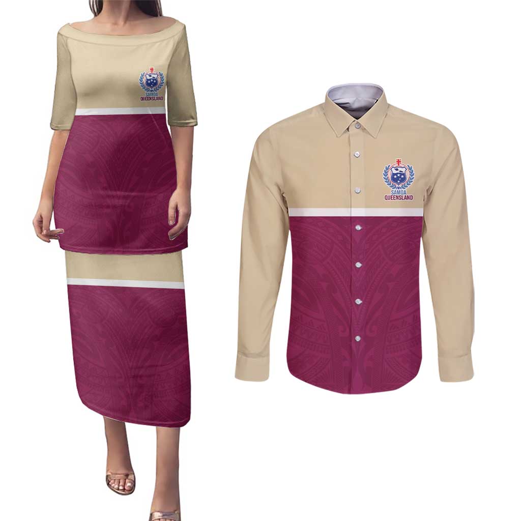 Queensland Samoa Custom Couples Matching Puletasi and Long Sleeve Button Shirt Maroon Pacific Polynesian Tribal Pattern LT9 Maroon - Polynesian Pride