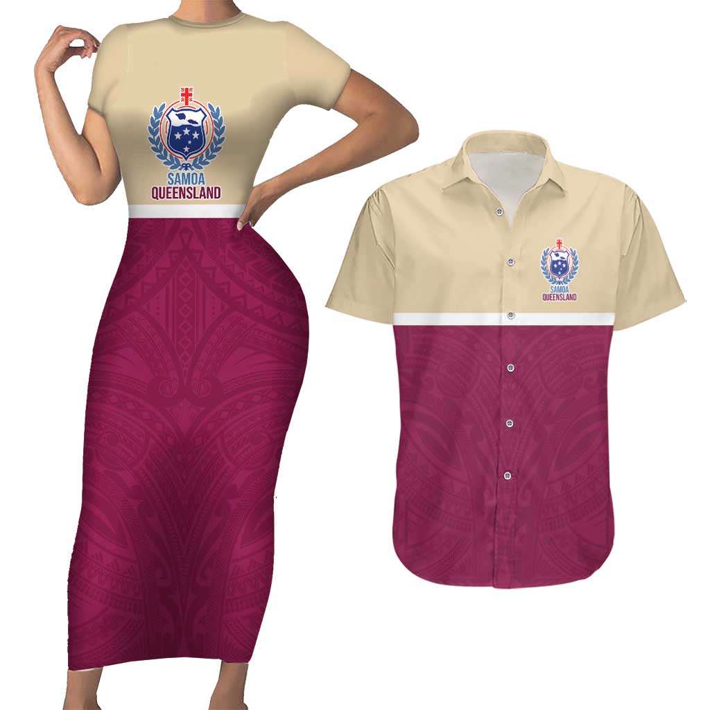 Queensland Samoa Custom Couples Matching Short Sleeve Bodycon Dress and Hawaiian Shirt Maroon Pacific Polynesian Tribal Pattern LT9 Maroon - Polynesian Pride