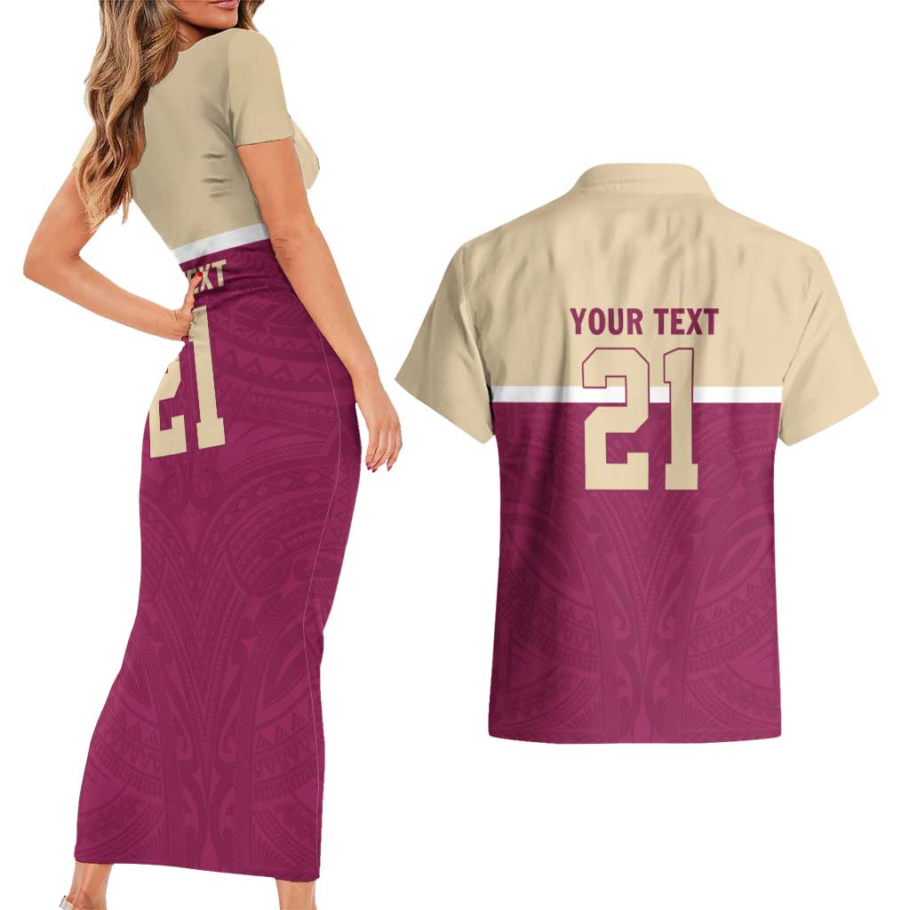 Queensland Samoa Custom Couples Matching Short Sleeve Bodycon Dress and Hawaiian Shirt Maroon Pacific Polynesian Tribal Pattern LT9 - Polynesian Pride