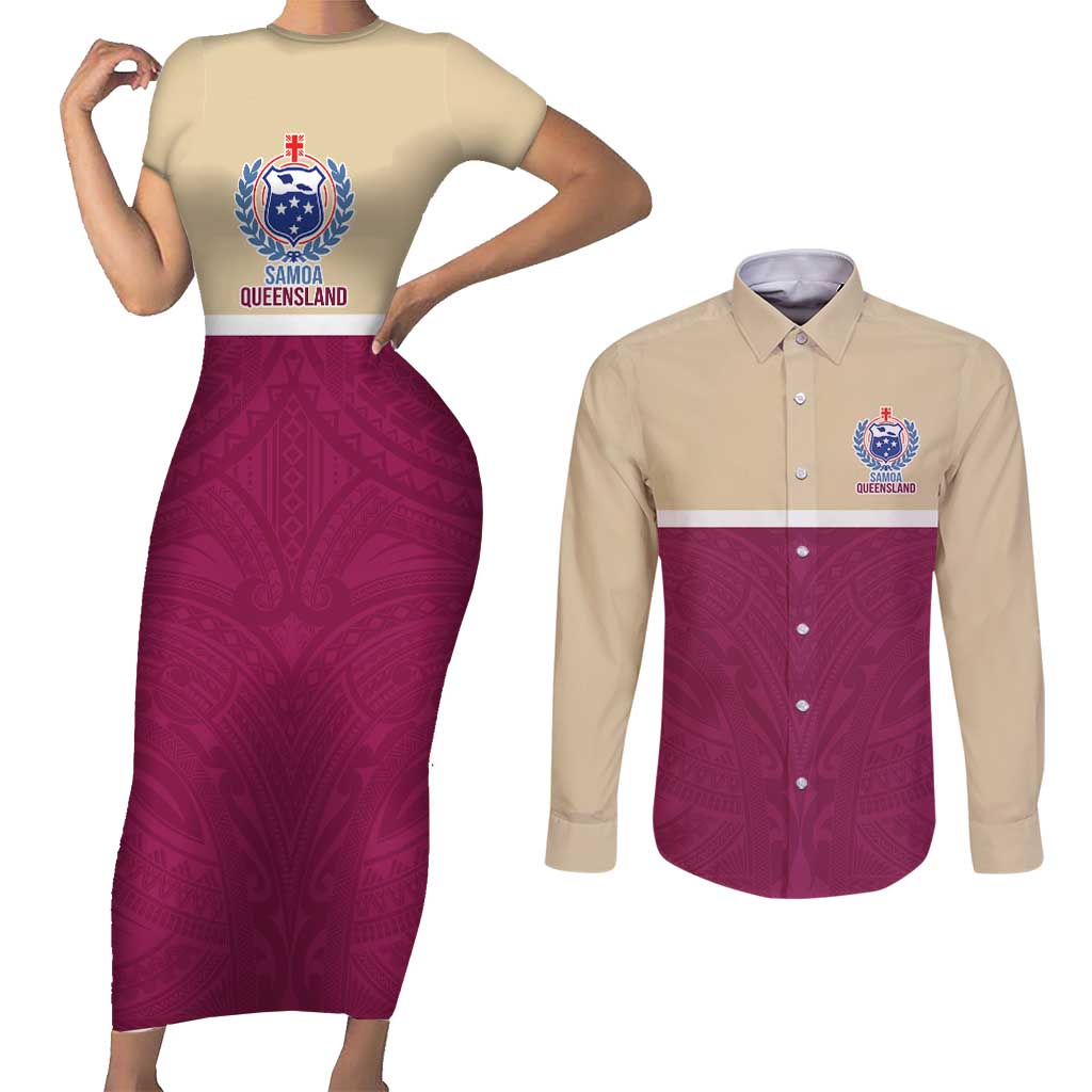 Queensland Samoa Custom Couples Matching Short Sleeve Bodycon Dress and Long Sleeve Button Shirt Maroon Pacific Polynesian Tribal Pattern LT9 Maroon - Polynesian Pride