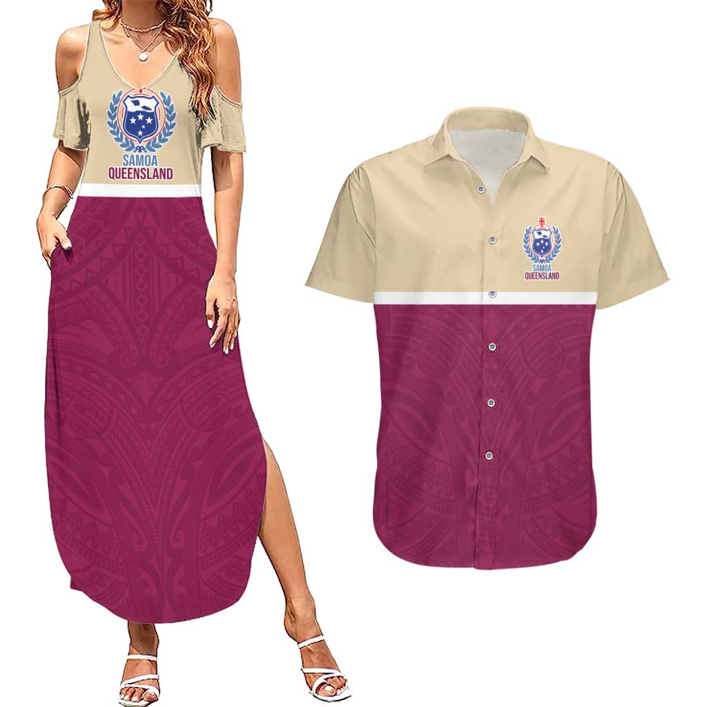 Queensland Samoa Custom Couples Matching Summer Maxi Dress and Hawaiian Shirt Maroon Pacific Polynesian Tribal Pattern LT9 Maroon - Polynesian Pride