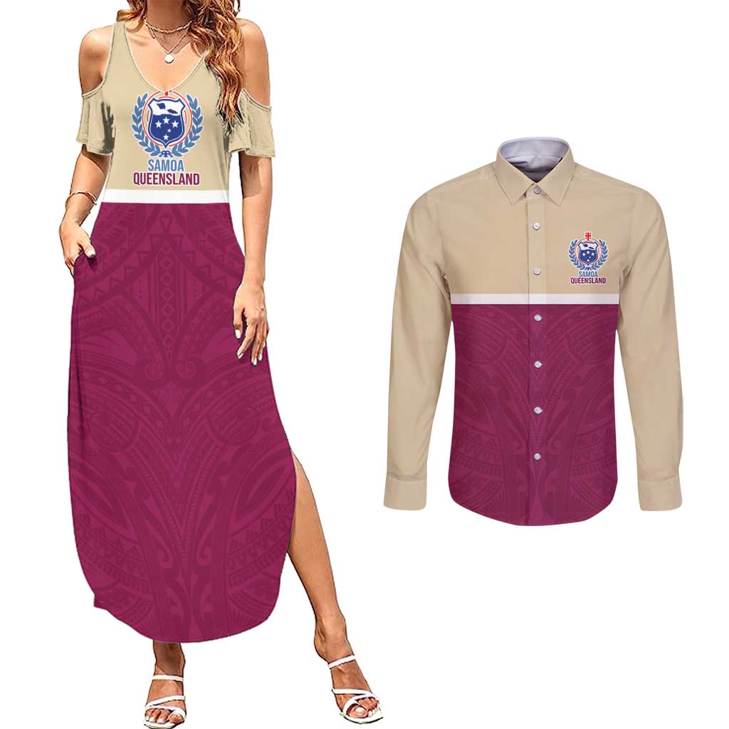Queensland Samoa Custom Couples Matching Summer Maxi Dress and Long Sleeve Button Shirt Maroon Pacific Polynesian Tribal Pattern LT9 Maroon - Polynesian Pride