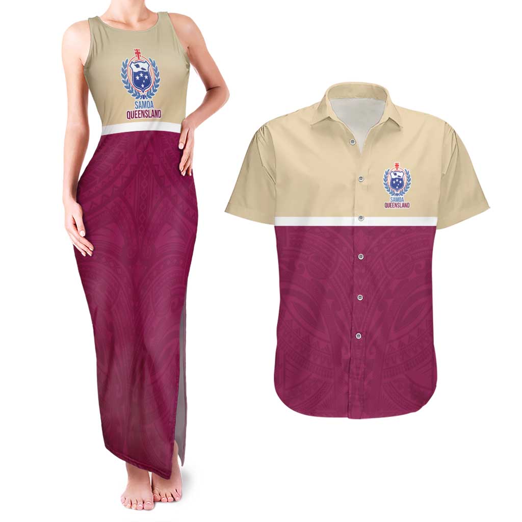 Queensland Samoa Custom Couples Matching Tank Maxi Dress and Hawaiian Shirt Maroon Pacific Polynesian Tribal Pattern LT9 Maroon - Polynesian Pride