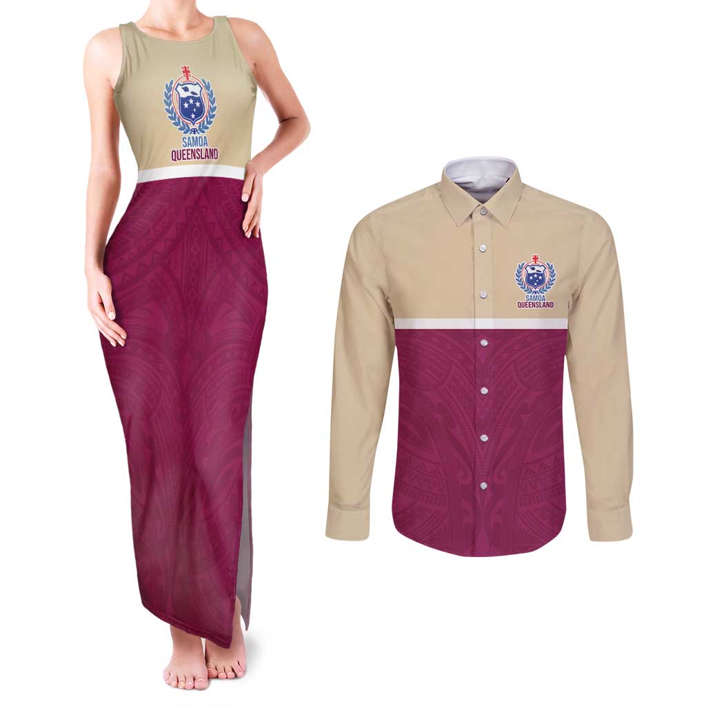 Queensland Samoa Custom Couples Matching Tank Maxi Dress and Long Sleeve Button Shirt Maroon Pacific Polynesian Tribal Pattern LT9 Maroon - Polynesian Pride