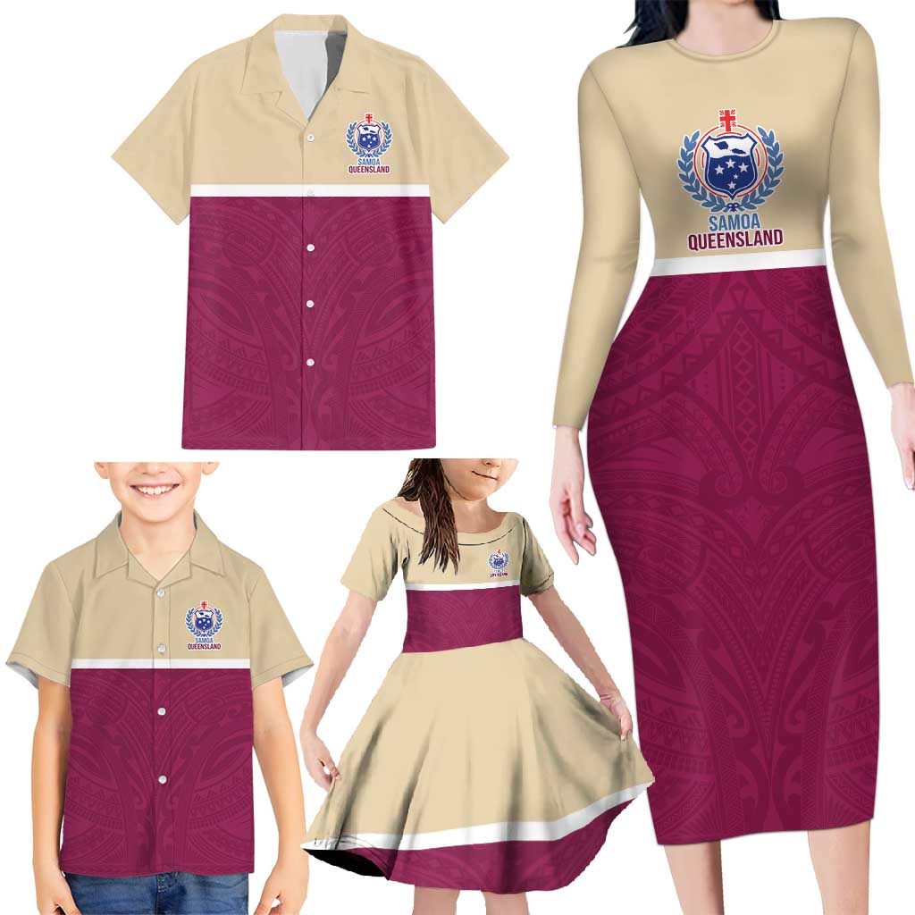 Queensland Samoa Custom Family Matching Long Sleeve Bodycon Dress and Hawaiian Shirt Maroon Pacific Polynesian Tribal Pattern LT9 - Polynesian Pride