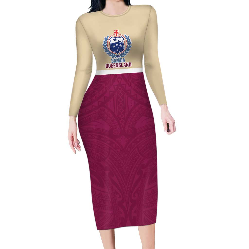 Queensland Samoa Custom Family Matching Long Sleeve Bodycon Dress and Hawaiian Shirt Maroon Pacific Polynesian Tribal Pattern LT9 Mom's Dress Maroon - Polynesian Pride