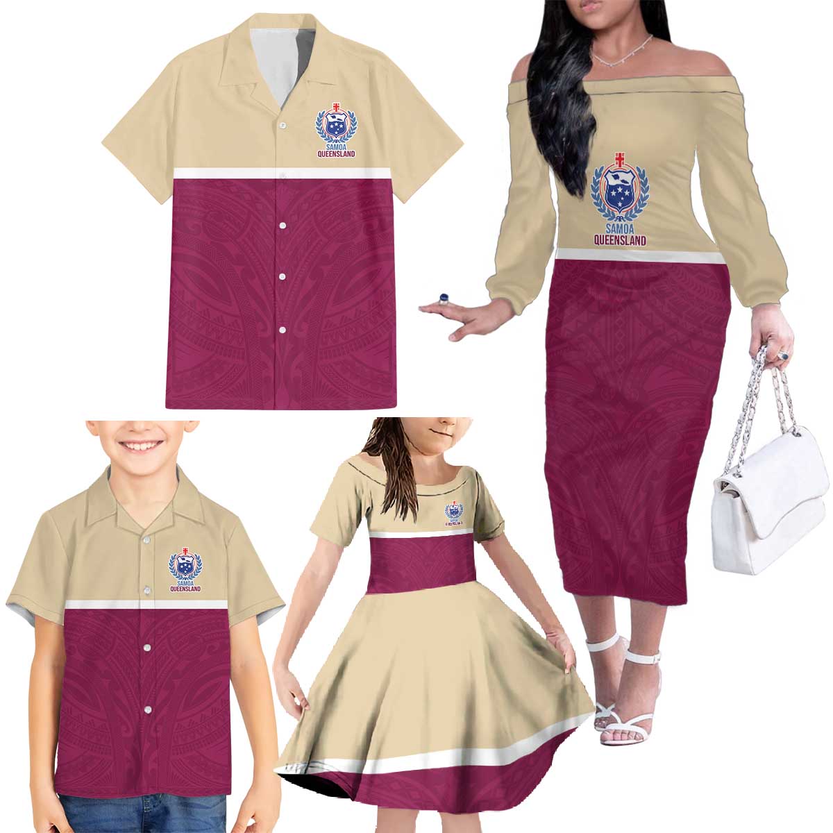 Queensland Samoa Custom Family Matching Off The Shoulder Long Sleeve Dress and Hawaiian Shirt Maroon Pacific Polynesian Tribal Pattern LT9 - Polynesian Pride