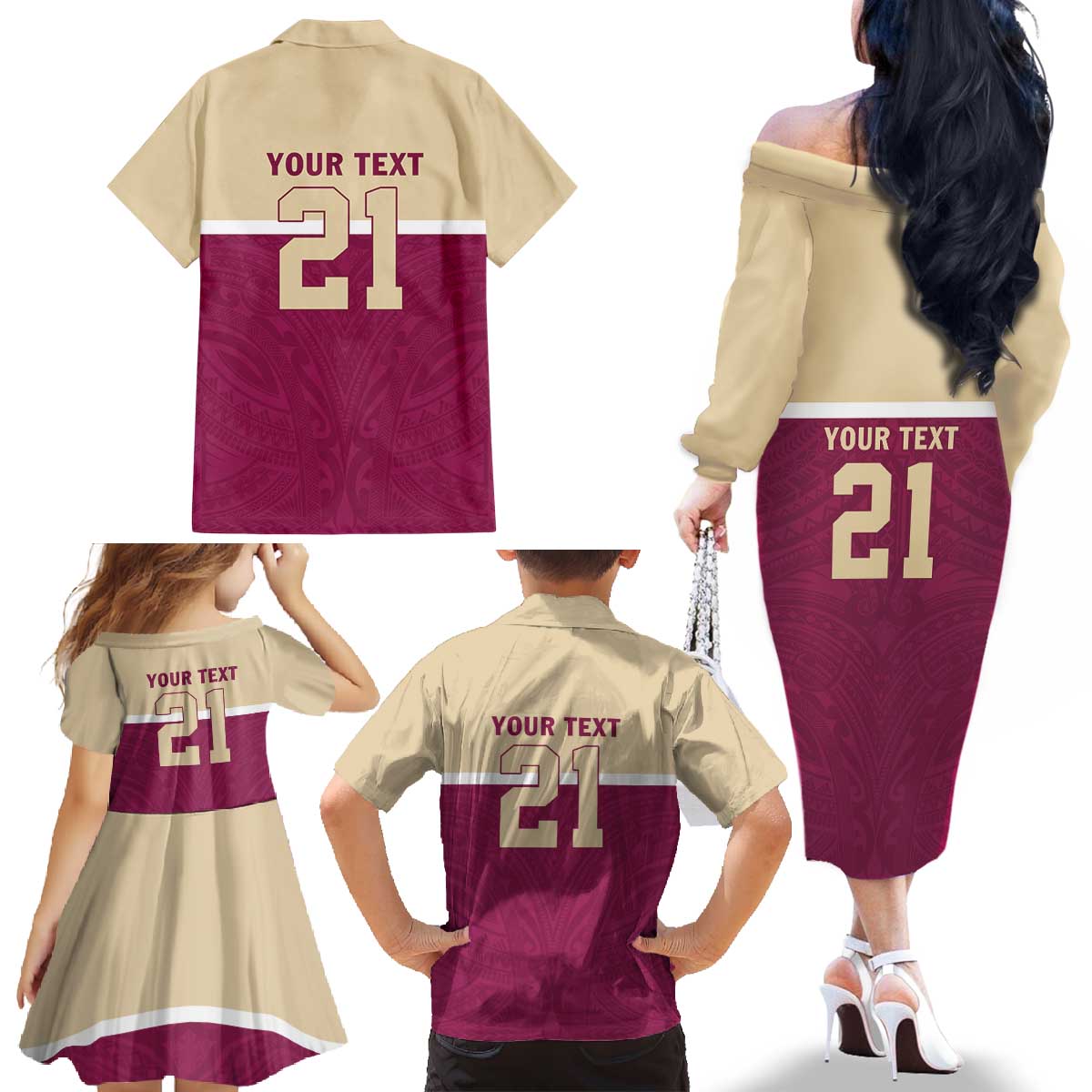 Queensland Samoa Custom Family Matching Off The Shoulder Long Sleeve Dress and Hawaiian Shirt Maroon Pacific Polynesian Tribal Pattern LT9 - Polynesian Pride