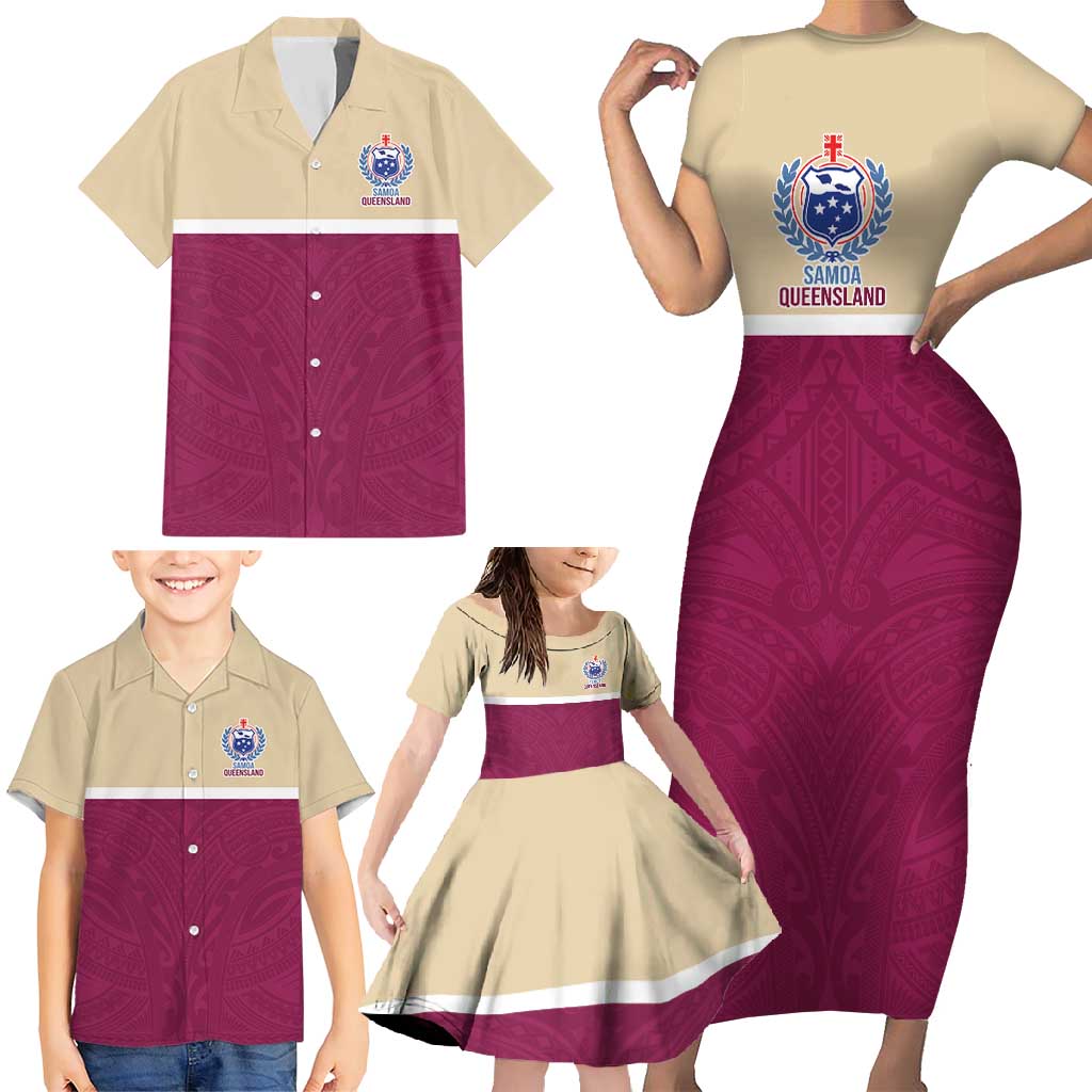 Queensland Samoa Custom Family Matching Short Sleeve Bodycon Dress and Hawaiian Shirt Maroon Pacific Polynesian Tribal Pattern LT9 - Polynesian Pride