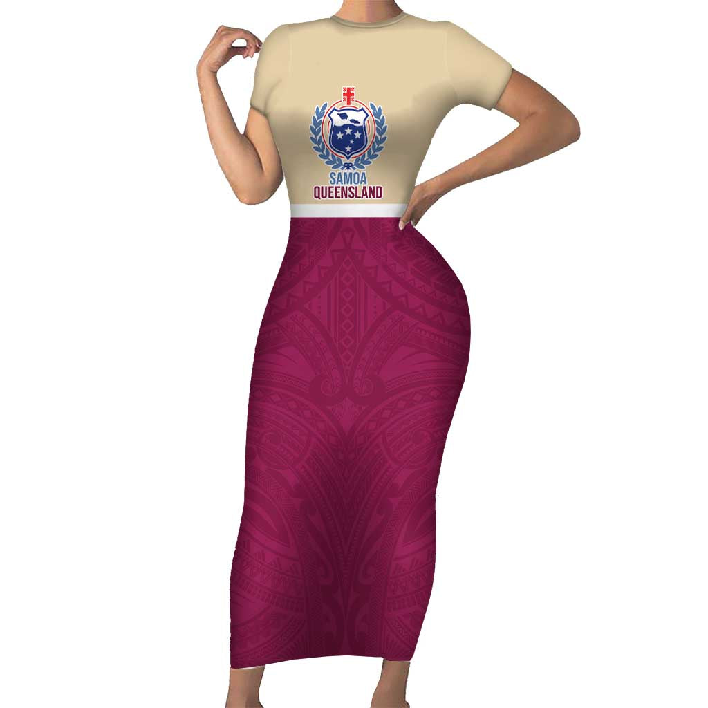 Queensland Samoa Custom Family Matching Short Sleeve Bodycon Dress and Hawaiian Shirt Maroon Pacific Polynesian Tribal Pattern LT9 Mom's Dress Maroon - Polynesian Pride