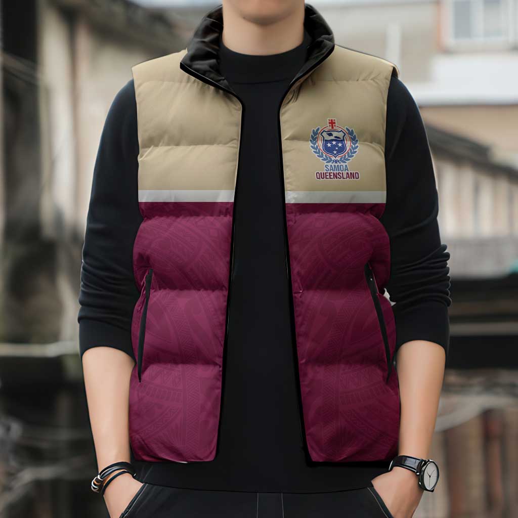Queensland Samoa Custom Sleeveless Puffer Jacket Maroon Pacific Polynesian Tribal Pattern - Polynesian Pride