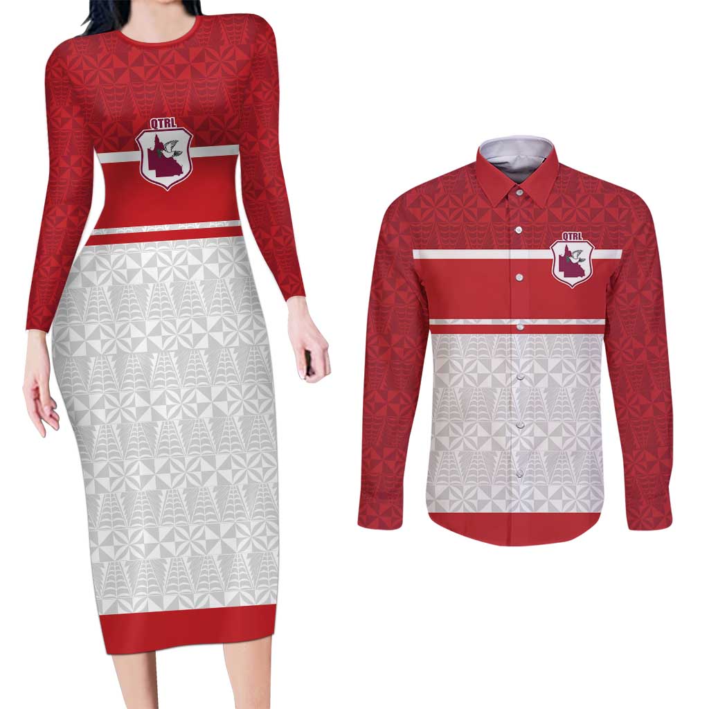 Queensland Tonga Custom Couples Matching Long Sleeve Bodycon Dress and Long Sleeve Button Shirt QLD with Tongan Ngatu Pattern LT9 Red - Polynesian Pride