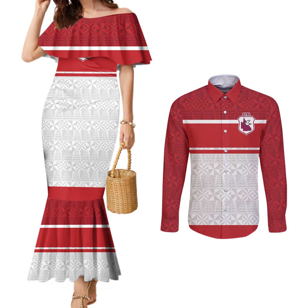 Queensland Tonga Custom Couples Matching Mermaid Dress and Long Sleeve Button Shirt QLD with Tongan Ngatu Pattern LT9 Red - Polynesian Pride