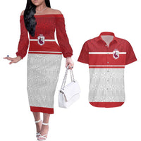 Queensland Tonga Custom Couples Matching Off The Shoulder Long Sleeve Dress and Hawaiian Shirt QLD with Tongan Ngatu Pattern LT9 Red - Polynesian Pride