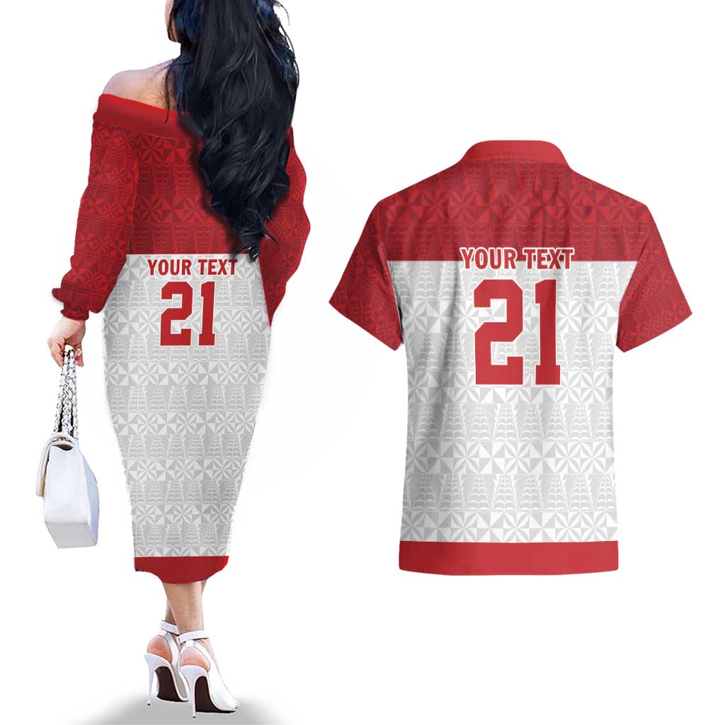 Queensland Tonga Custom Couples Matching Off The Shoulder Long Sleeve Dress and Hawaiian Shirt QLD with Tongan Ngatu Pattern LT9 - Polynesian Pride