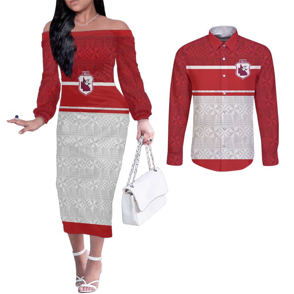 Queensland Tonga Custom Couples Matching Off The Shoulder Long Sleeve Dress and Long Sleeve Button Shirt QLD with Tongan Ngatu Pattern LT9 Red - Polynesian Pride
