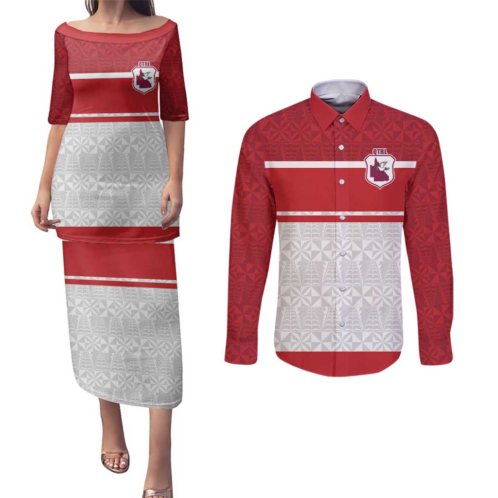 Queensland Tonga Custom Couples Matching Puletasi and Long Sleeve Button Shirt QLD with Tongan Ngatu Pattern LT9 Red - Polynesian Pride
