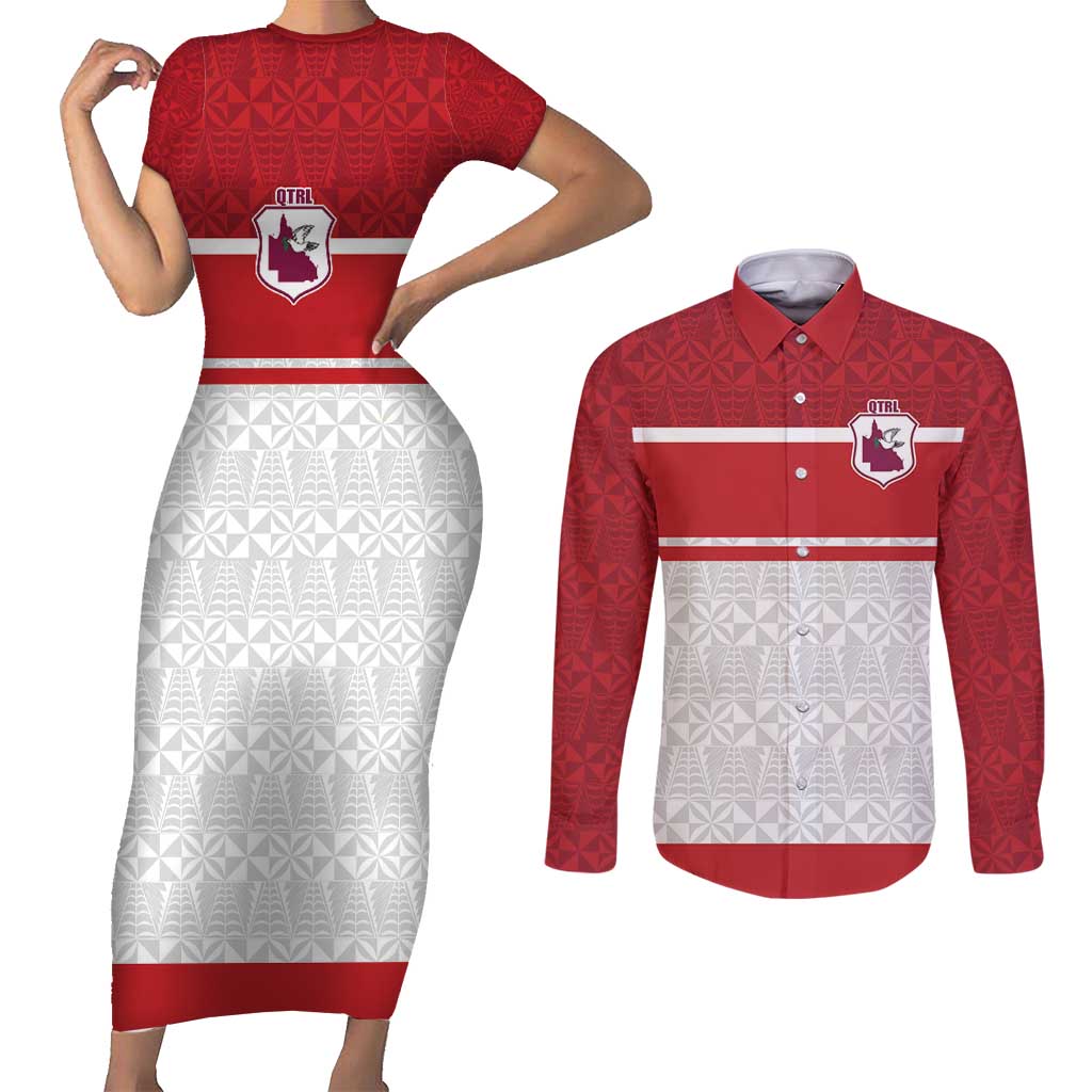 Queensland Tonga Custom Couples Matching Short Sleeve Bodycon Dress and Long Sleeve Button Shirt QLD with Tongan Ngatu Pattern LT9 Red - Polynesian Pride