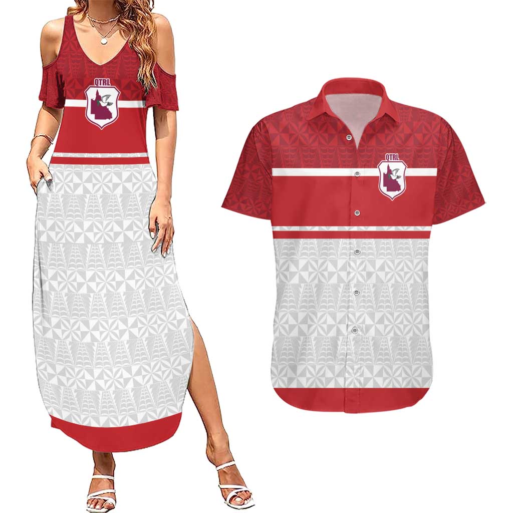 Queensland Tonga Custom Couples Matching Summer Maxi Dress and Hawaiian Shirt QLD with Tongan Ngatu Pattern LT9 Red - Polynesian Pride