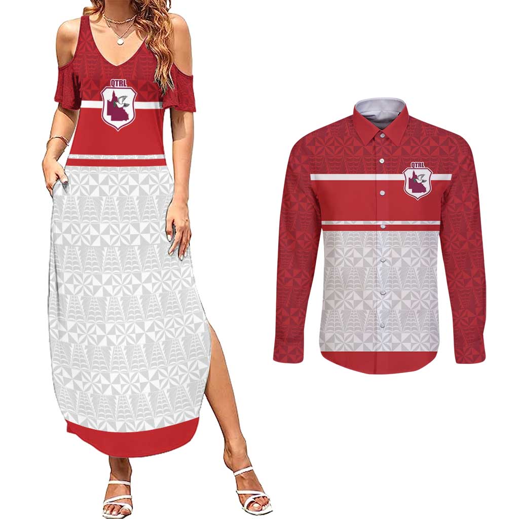 Queensland Tonga Custom Couples Matching Summer Maxi Dress and Long Sleeve Button Shirt QLD with Tongan Ngatu Pattern LT9 Red - Polynesian Pride