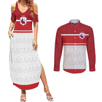 Queensland Tonga Custom Couples Matching Summer Maxi Dress and Long Sleeve Button Shirt QLD with Tongan Ngatu Pattern LT9 Red - Polynesian Pride