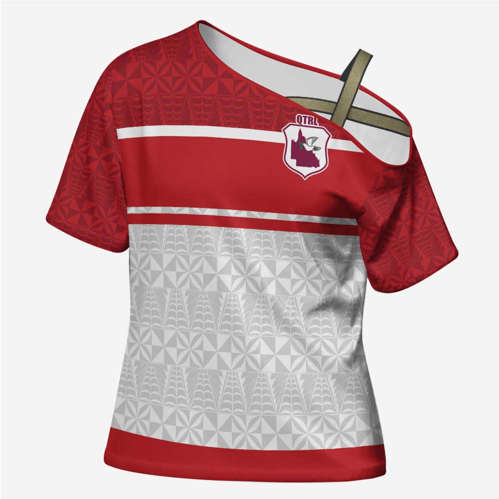 Queensland Tonga Custom Cross Shoulder Shirt QLD with Tongan Ngatu Pattern - Polynesian Pride