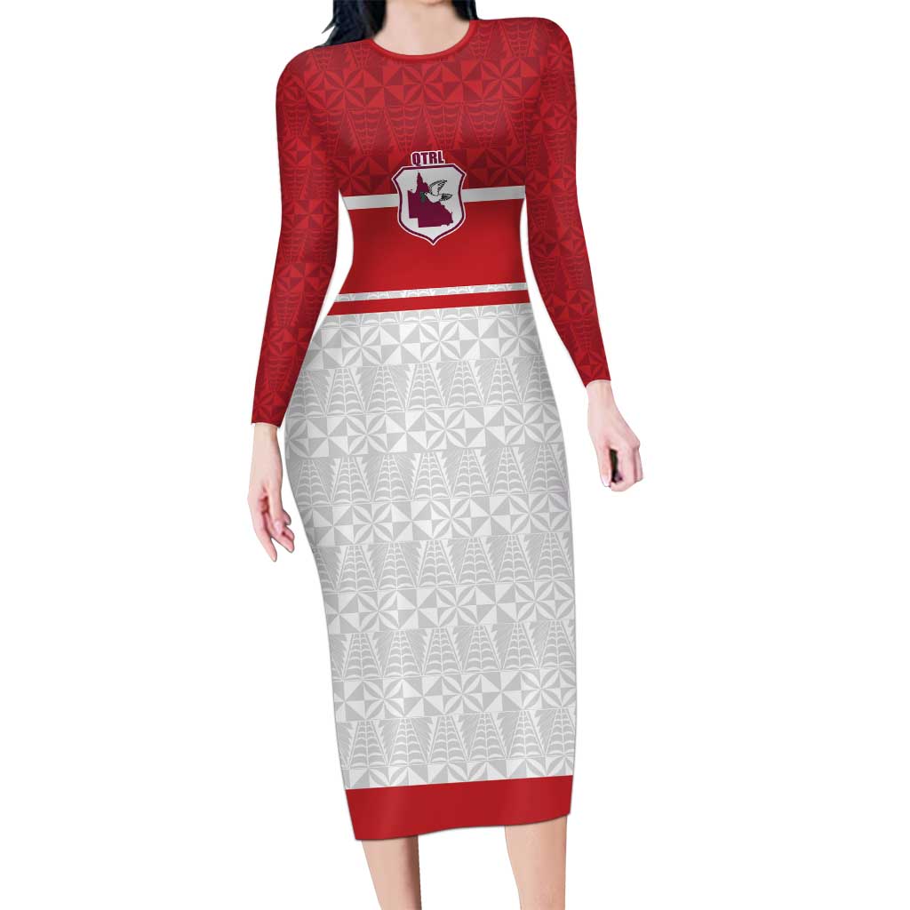 Queensland Tonga Custom Family Matching Long Sleeve Bodycon Dress and Hawaiian Shirt QLD with Tongan Ngatu Pattern LT9 Mom's Dress Red - Polynesian Pride