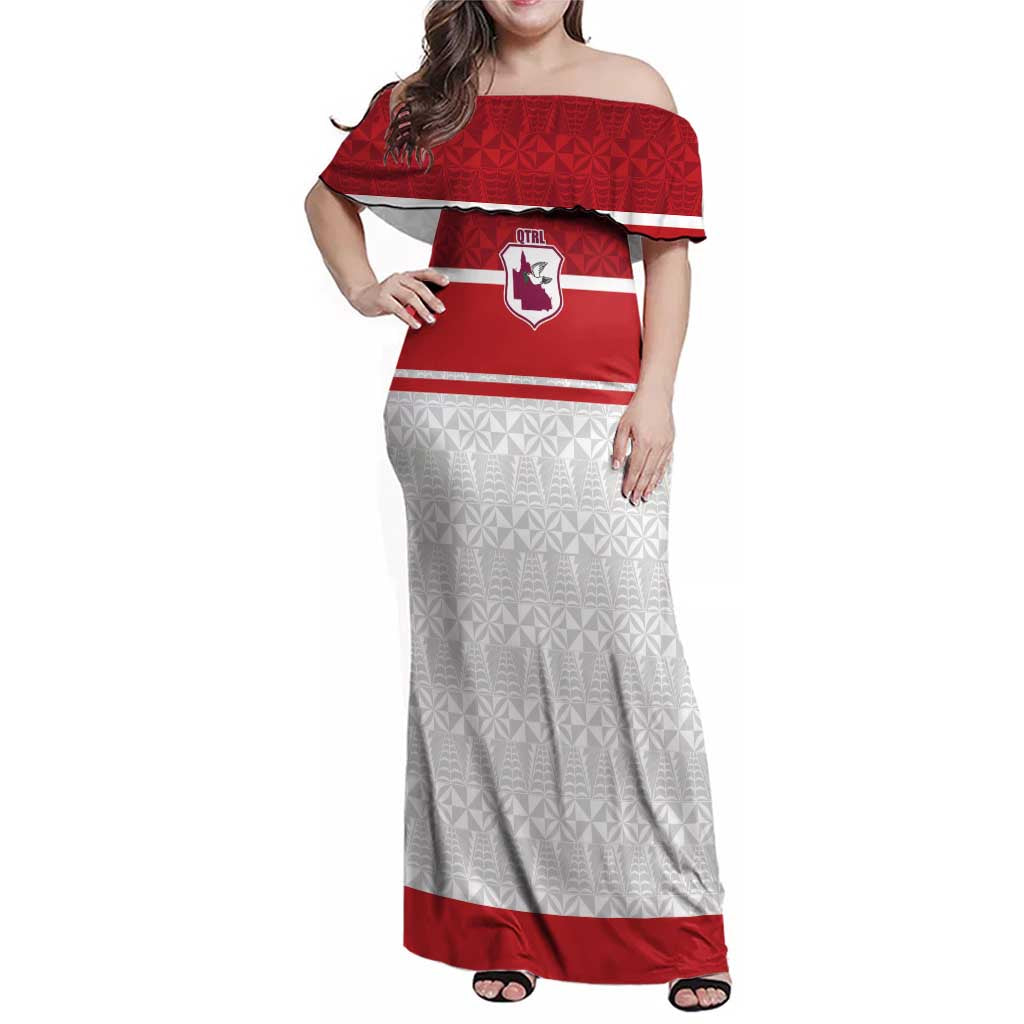 Queensland Tonga Custom Family Matching Off Shoulder Maxi Dress and Hawaiian Shirt QLD with Tongan Ngatu Pattern LT9 Mom's Dress Red - Polynesian Pride