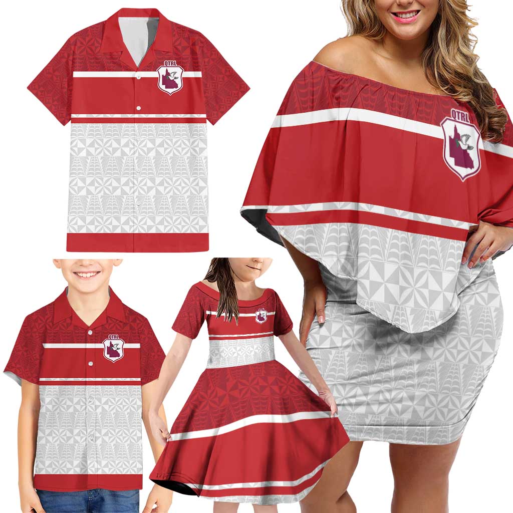 Queensland Tonga Custom Family Matching Off Shoulder Short Dress and Hawaiian Shirt QLD with Tongan Ngatu Pattern LT9 - Polynesian Pride