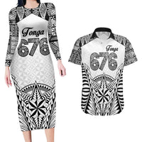 Personalised Tonga 676 Couples Matching Long Sleeve Bodycon Dress and Hawaiian Shirt Tribal Kupesi Ngatu Unique LT9 White - Polynesian Pride