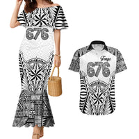 Personalised Tonga 676 Couples Matching Mermaid Dress and Hawaiian Shirt Tribal Kupesi Ngatu Unique LT9 White - Polynesian Pride