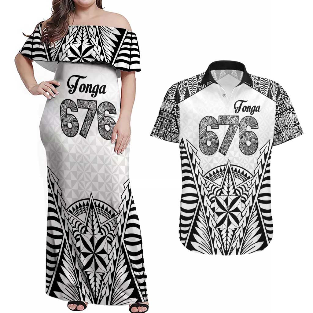 Personalised Tonga 676 Couples Matching Off Shoulder Maxi Dress and Hawaiian Shirt Tribal Kupesi Ngatu Unique LT9 White - Polynesian Pride