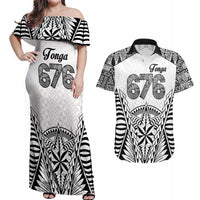 Personalised Tonga 676 Couples Matching Off Shoulder Maxi Dress and Hawaiian Shirt Tribal Kupesi Ngatu Unique LT9 White - Polynesian Pride
