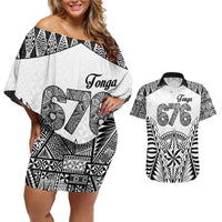 Personalised Tonga 676 Couples Matching Off Shoulder Short Dress and Hawaiian Shirt Tribal Kupesi Ngatu Unique LT9 White - Polynesian Pride
