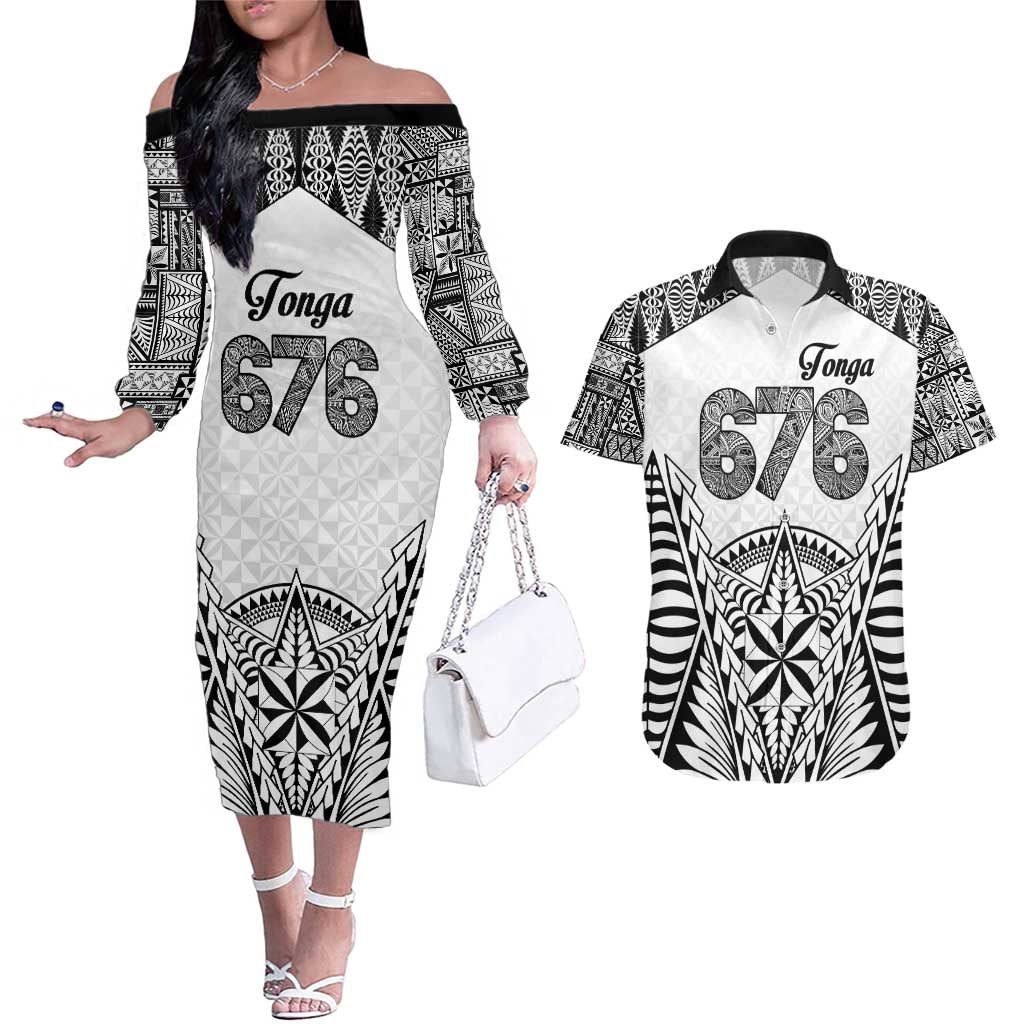 Personalised Tonga 676 Couples Matching Off The Shoulder Long Sleeve Dress and Hawaiian Shirt Tribal Kupesi Ngatu Unique LT9 White - Polynesian Pride