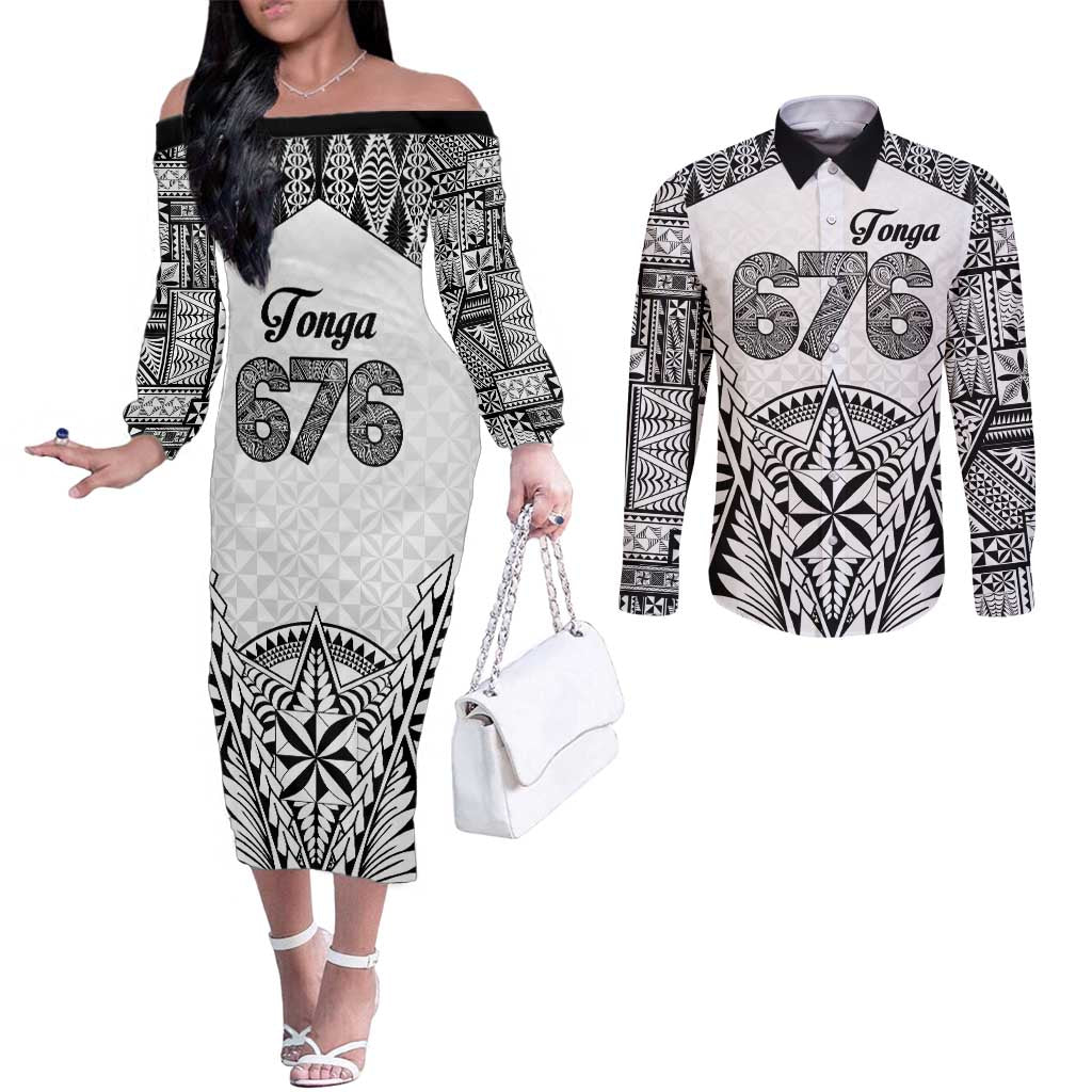 Personalised Tonga 676 Couples Matching Off The Shoulder Long Sleeve Dress and Long Sleeve Button Shirt Tribal Kupesi Ngatu Unique LT9 White - Polynesian Pride