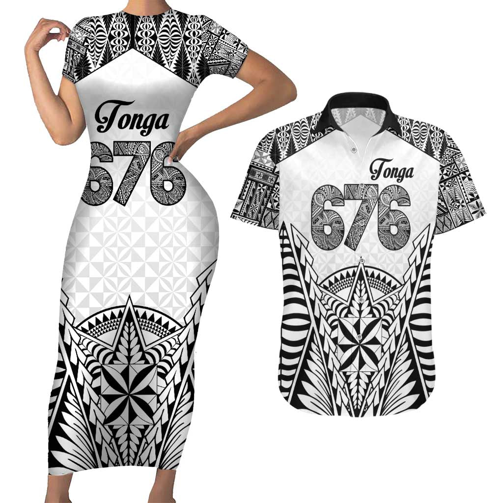 Personalised Tonga 676 Couples Matching Short Sleeve Bodycon Dress and Hawaiian Shirt Tribal Kupesi Ngatu Unique LT9 White - Polynesian Pride